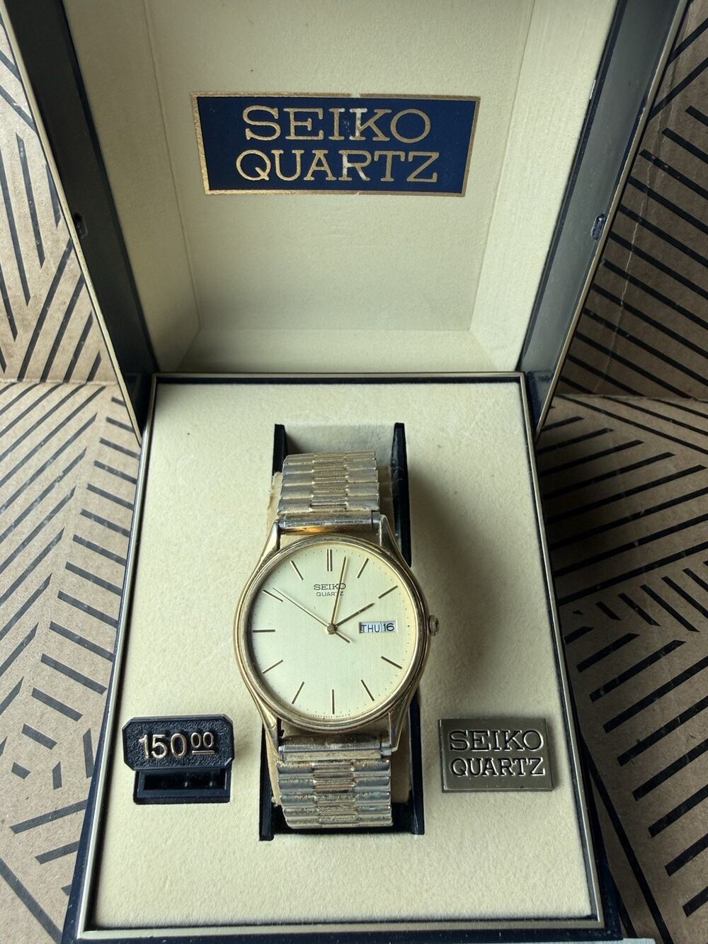 Vintage Seiko 6533-8019 Quartz Day Date Gold Tone Men’s Watch Box Runs Speidel
